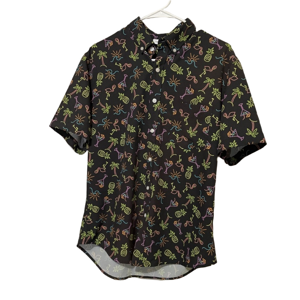 Cabana by Crown & Ivy Men's Short-Sleeve Black Casual Shirt Neon Print Medium